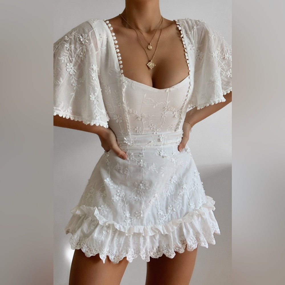Showpo. FANCY A SPRITZ SQUARE NECK MINI DRESS IN WHITE EMBROIDERY